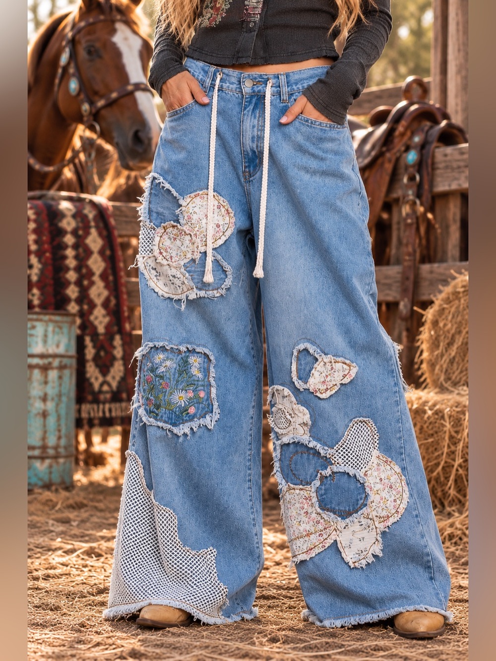 POL floral lace patchwork embroidered stitch bohemian floral pants jeans
